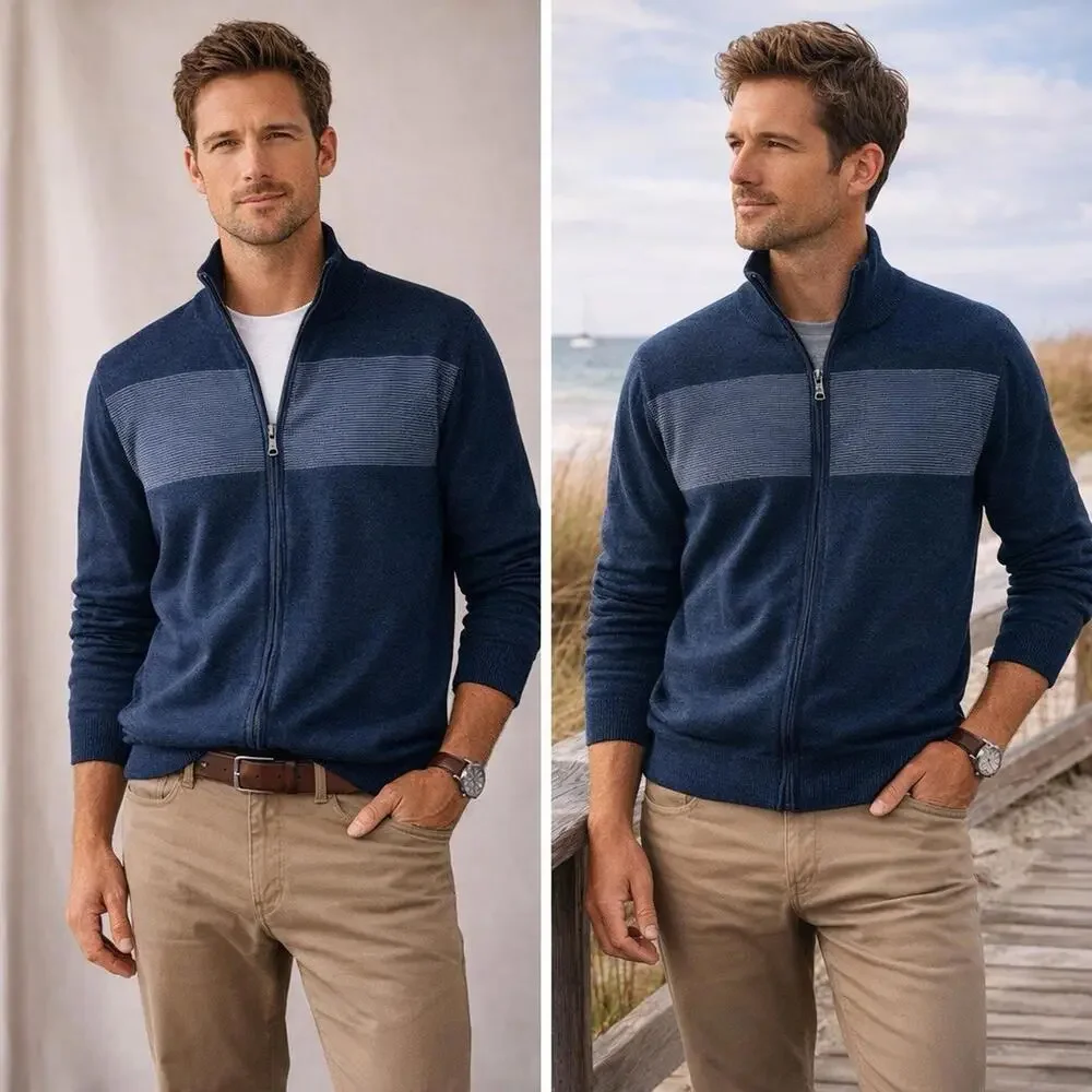 Banana Republic Full Zip Cotton Knit Sweater Medium Blue Striped Y2K Preppy